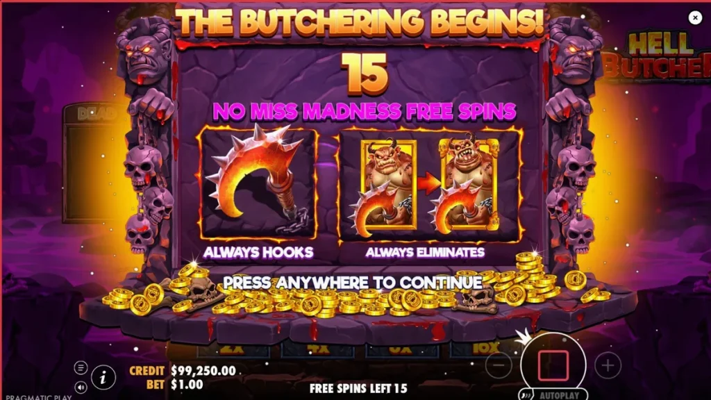 Tampilan antarmuka mobile slot Hell Butcher dengan simbol horor yang tajam